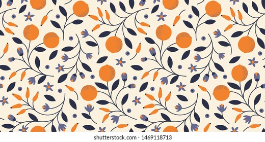 Patrón vectorial adorable con naranjas, flores y ramas, repetir sin fisuras. Estilo de ilustración limpio en el fondo de la luz. 