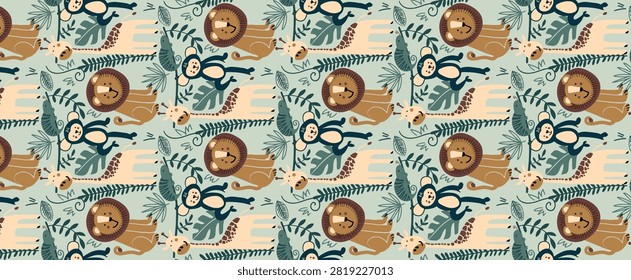 Adorable vector pattern of playful sloths hanging on branches and cute leopards with spotted fur.