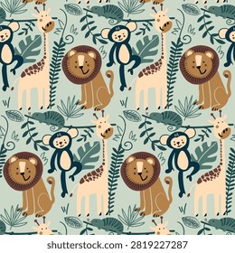 Adorable vector pattern of playful sloths hanging on branches and cute leopards with spotted fur.
