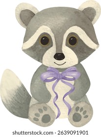 Adorable vector plush raccoon wearing a purple bow. Ideal for greeting cards, baby shower invites, nursery art, and kids’ room decor.