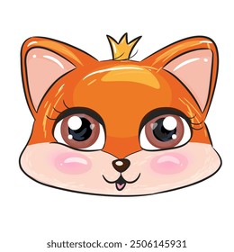 Adorable vector princess fox with a crown on her head. Cute orange foxy baby