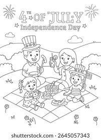 Adorable vector scene of a family enjoying a 4th of July picnic with food, drinks, and American flags. Great for holiday-themed coloring activities.