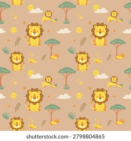 Adorable vector seamless pattern with cute cartoon lions, acacia trees, clouds, and smiling suns on a warm beige background. Perfect for kids fabric, nursery wallpaper, and baby textile design