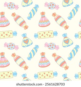 Adorable vector seamless pattern featuring cute colorful hand drawn candies