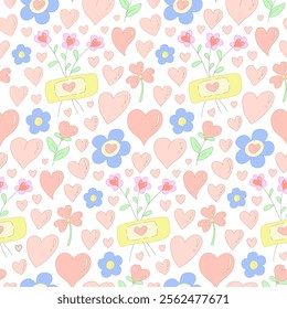 Adorable vector seamless pattern featuring a delicate blend of hand-drawn hearts, flowers, and pastel colors