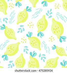 Adorable vector seamless pattern of lemons and leaves in cute style.
