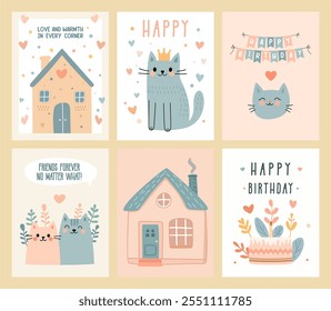 Adorable Vector Set of Cute Cats, Cake and Cozy Houses Illustrations - Ideal for Greeting Cards, Posters, Social Media, and More