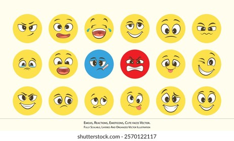 Adorable vector set of emojis, reactions, and emoticons for chats, designs, and social media use.