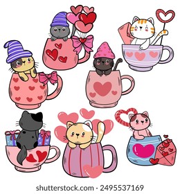  Adorable vector set featuring cats in coffee cups with different expressions and poses. Perfect for Valentine's Day-themed designs.