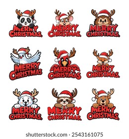 Adorable vector set featuring Christmas animals in Santa hats with Merry Christmas text, perfect for holiday designs, cards, and festive decorations