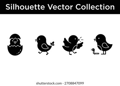 Adorable conjunto de Vector de pollitos en varias poses: eclosionando de un huevo, caminando, cantando y comiendo un gusano. Perfecto para la primavera, la Pascua y los diseños de temática agrícola.