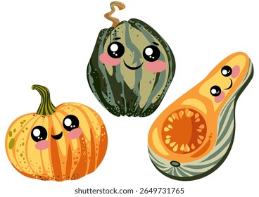 Adorable vector set of three kawaii pumpkins with smiling faces and blush cheeks. Perfect for children’s books, educational posters, DIY crafts, vegetarian food blogs, or holiday cards.
