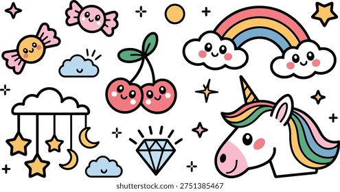 Adorable vector set of whimsical elements including a unicorn, rainbow, candies, and starry clouds for a charming, playful design.