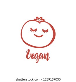 Adorable vector tomato character with lettering on white background. Vegan, organic food