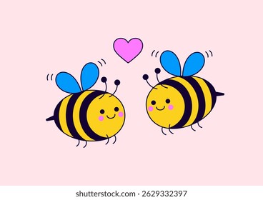 Adorable vector of two smiling bees with heart symbol on a pink background. Great for love, romance, and cute character designs