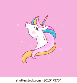 Adorable vector unicorn head. Cute girl t-shirt design. Magic cartoon unicorn, isolated on pink background with stars. Rainbow mane, magical horn, modern outline style. Pop art. Fanny face for baby