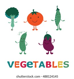 Adorable vegetable cartoon characters set. Happy eggplant, broccoli, cucumber, tomato and green peas