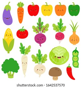 Adorable vegetable vector collection. Cute veggies clip art. Cartoon veggie drawing. Healthy vegan vegetarian food diet illustration. Graphics are carrot, cabbage, eggplant, radish, broccoli, & more.