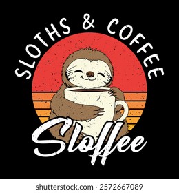 adorable vintage illustration of a sloth enjoying a cup of coffee. perfect for mugs, t-shirts, cards, and more.  cute, cozy, and charming design. great for coffee shops, animal lovers.