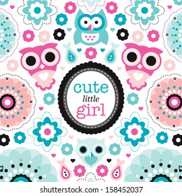 Adorable vintage owl and pastel flowers illustration little girl new born baby announcement card template in vector 