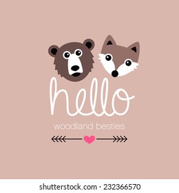 Adorable vintage woodland animals fox and bear best friends friendship greeting card cover design in vector