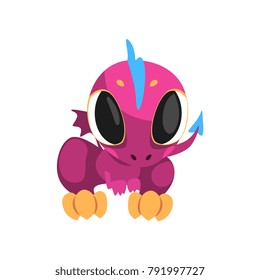 Adorable violet dragon with big eyes, little wings, long tail and blue mohawk. Fantastic mythical creature. Cartoon character. Flat vector for mobile game, sticker or print