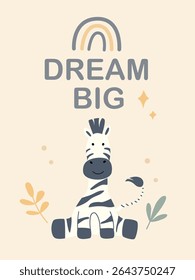 Adorable wall poster with safari animals, a cute zebra with a bright rainbow, they will add warmth and whimsy to any child's room.