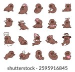 Adorable walrus set featuring various emotions, cute accessories, and festive outfits for holidays, celebrations, and everyday moments in a charming marine underwater world for yours projects