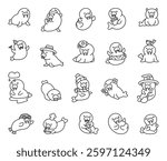 Adorable walrus set featuring various emotions, cute accessories, and festive outfits for holidays, celebrations, and everyday moments in a charming marine underwater world for yours projects