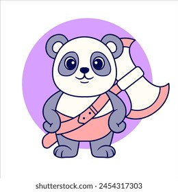 Adorable Warrior Panda holding Axe, flat color
