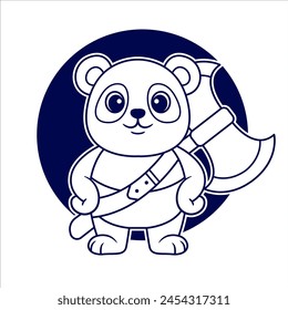 Adorable Warrior Panda holding Axe, outline art