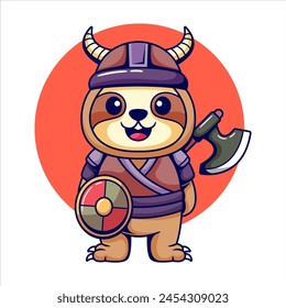 Adorable warrior sloth with viking costume holding shield and axe. full color