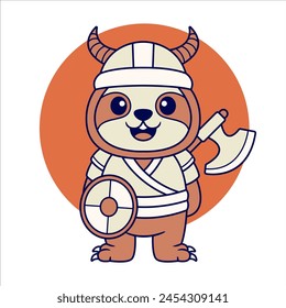 Adorable warrior sloth with viking costume holding shield and axe. flat color