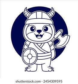 Adorable warrior sloth with viking costume holding shield and axe. outline art