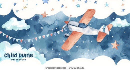 Adorable acuarela de avión, estrellas y nubes. acuarela cielo escena ilustración perfecta para los niños