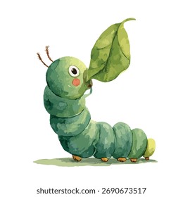 Personagem adorável de lagarta aquarela alegremente mastigando em uma folha verde fresca. Perfeito para livros infantis, temas da natureza e projetos educacionais.