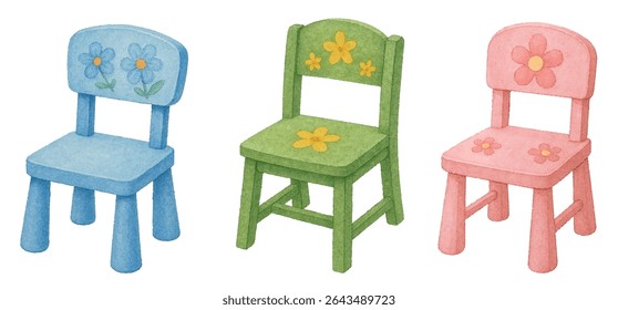 Adorable watercolor clipart set of childrens chairs with simple floral accents. Hand painted in soft pastel tones blue, green, and pink. Perfect for nursery decor, crafts, or kids designs.
