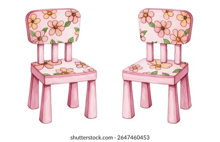 Adorable watercolor clipart set of childrens chairs with simple floral accents. Hand painted in soft pastel tones blue, green, and pink. Perfect for nursery decor, crafts, or kids designs.