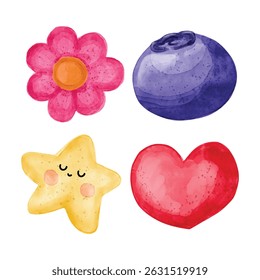Adorável clipart aquarela com uma flor rosa, mirtilo, coração vermelho e estrela sonolenta com bochechas rosadas. Ilustrações pintadas à mão bonito ideal para crianças projetos, adesivos e scrapbooking