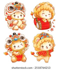 Adorable watercolor cute cartoon lion illustrations in vibrant traditional Chinese attire,perfect for festive occasions and cultural celebrations.