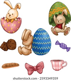  Adorable Watercolor Easter Illustration Set with Bunnies and Festive Items Vector 