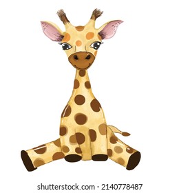 Adorable watercolor giraffe kids isolated on white background. safari giraffe