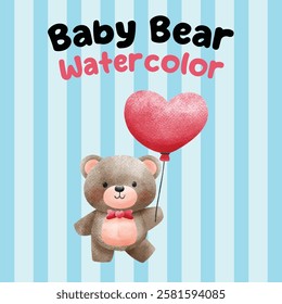 Adorável ilustração aquarela de um urso de pelúcia bebê segurando um balão em forma de coração vermelho, definido contra um fundo listrado pastel. Perfeito para o Dia dos Namorados e desenhos românticos