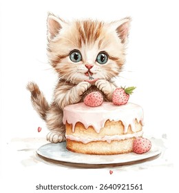 Adorable watercolor kitten with blue eyes, eating a strawberry cake with a tiny fork. The cake is decorated with pink frosting and strawberries.