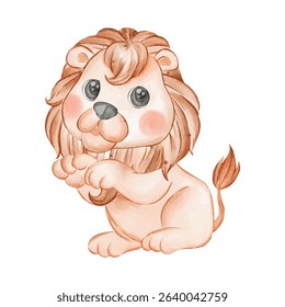 Adorable Watercolor Lion Cub, Playful Pose, Soft Brown Hues