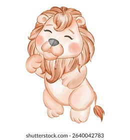 Adorable Watercolor Lion Cub in Playful Pose