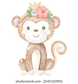 Adorable Watercolor Monkey Illustration with Floral Crown for Nursery Decor and Kids