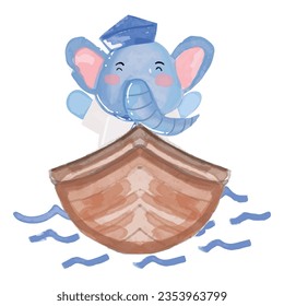 adorable watercolor sailor elephant and blue ocean