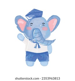 adorable watercolor sailor elephant and blue ocean