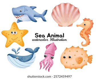 Adorable Watercolor Sea Animal Illustrations – Featuring Clownfish, Octopus, Crab, Dolphin, Jellyfish, Shrimp, Hermit Crab, and Coral, Perfect for Marine-Themed Designs, Children’s Art, and Underwater